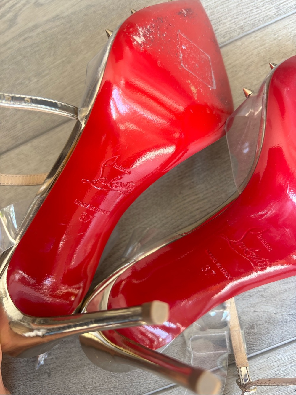 Christian Louboutin Clear PVC Pointed-Toe Slingbacks with Gold Spikes - Picture 6 of 6
